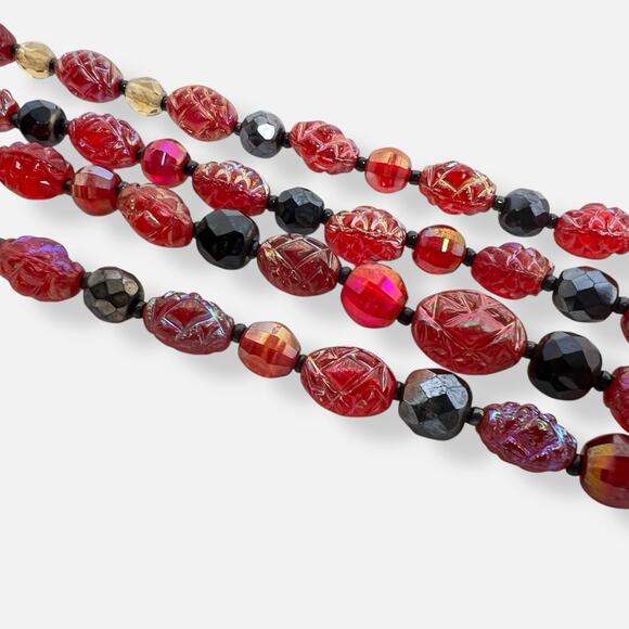 Beaded Necklaces Pair Molded Plastic Translucent Red Shimmer AB Shades Gold Tone - Picture 7 of 11